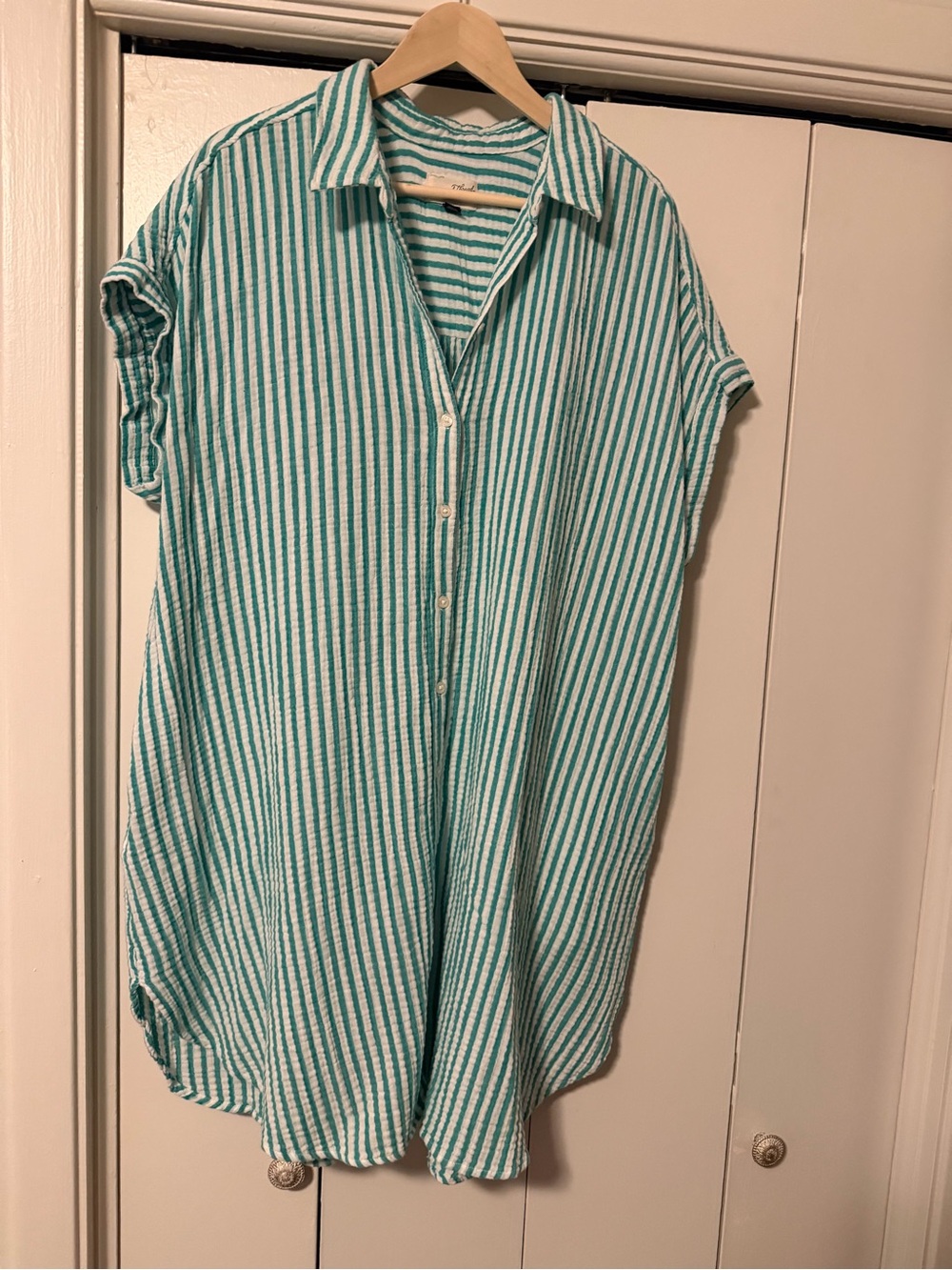 Universal Thread Aqua and White Striped Button-Down Tunic Dress